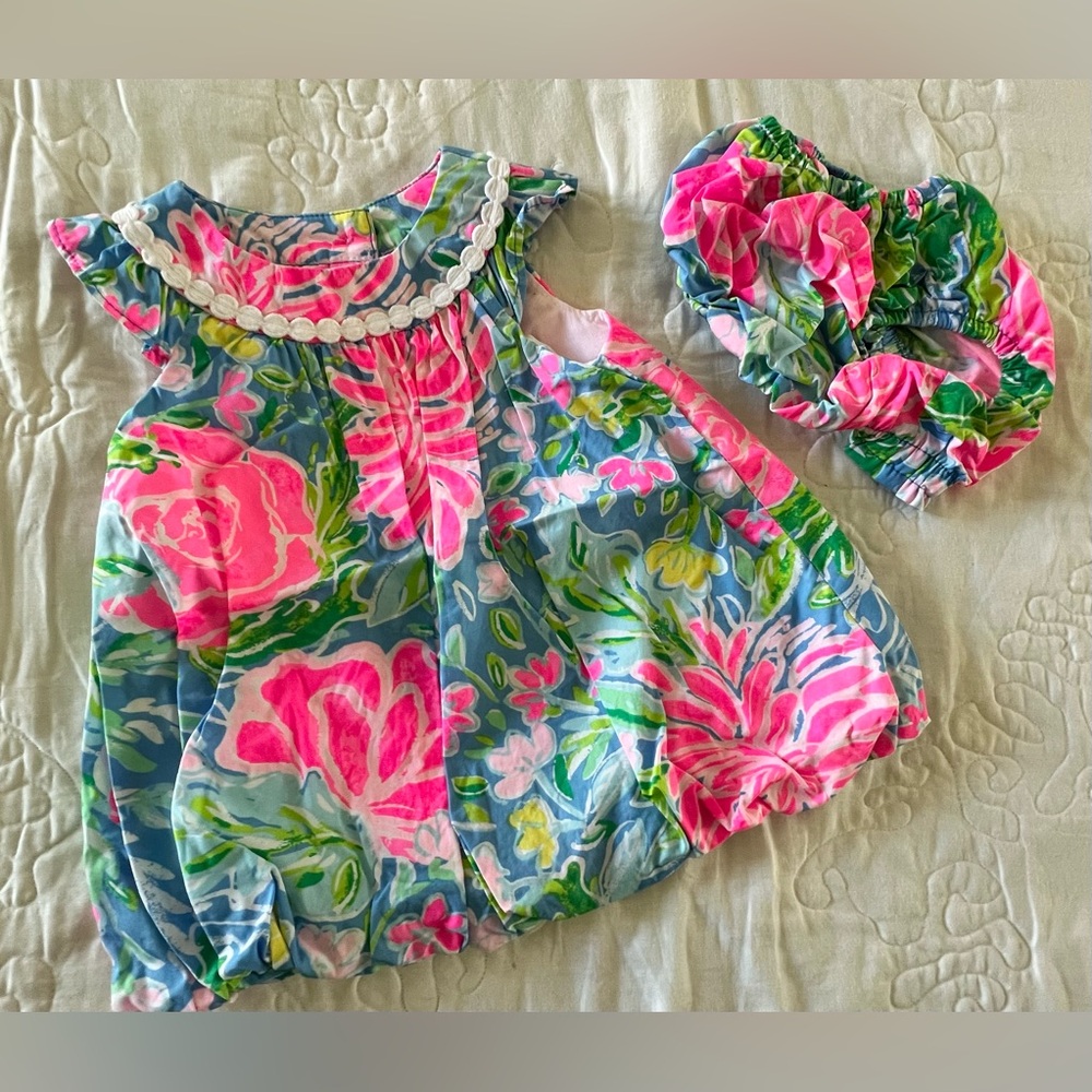 Lilly Pulitzer Pink, Blue & Green Floral Bubble Dress with Bloomers